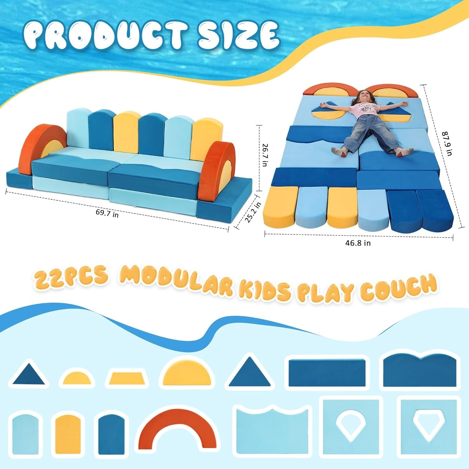 22-Piece Modular Kids Play Couch Sofa Bed Ocean Theme Durable Soft Foam