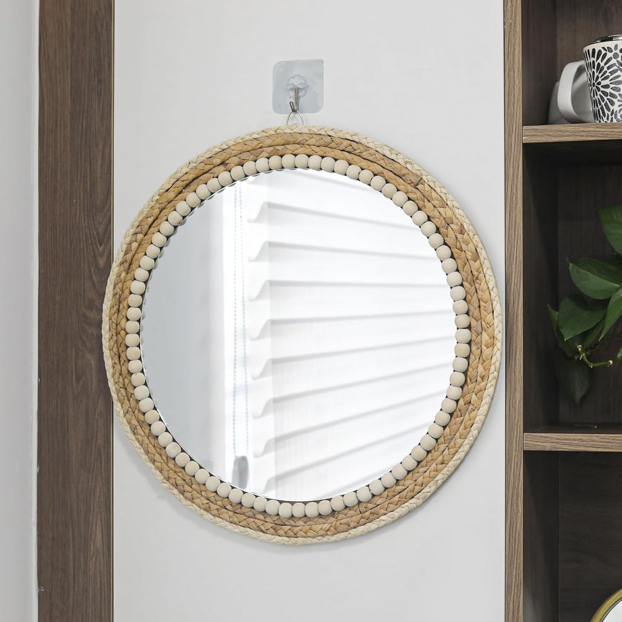 Boho Round Rattan Wall Mirror 45cm Hanging Farmhouse Decor
