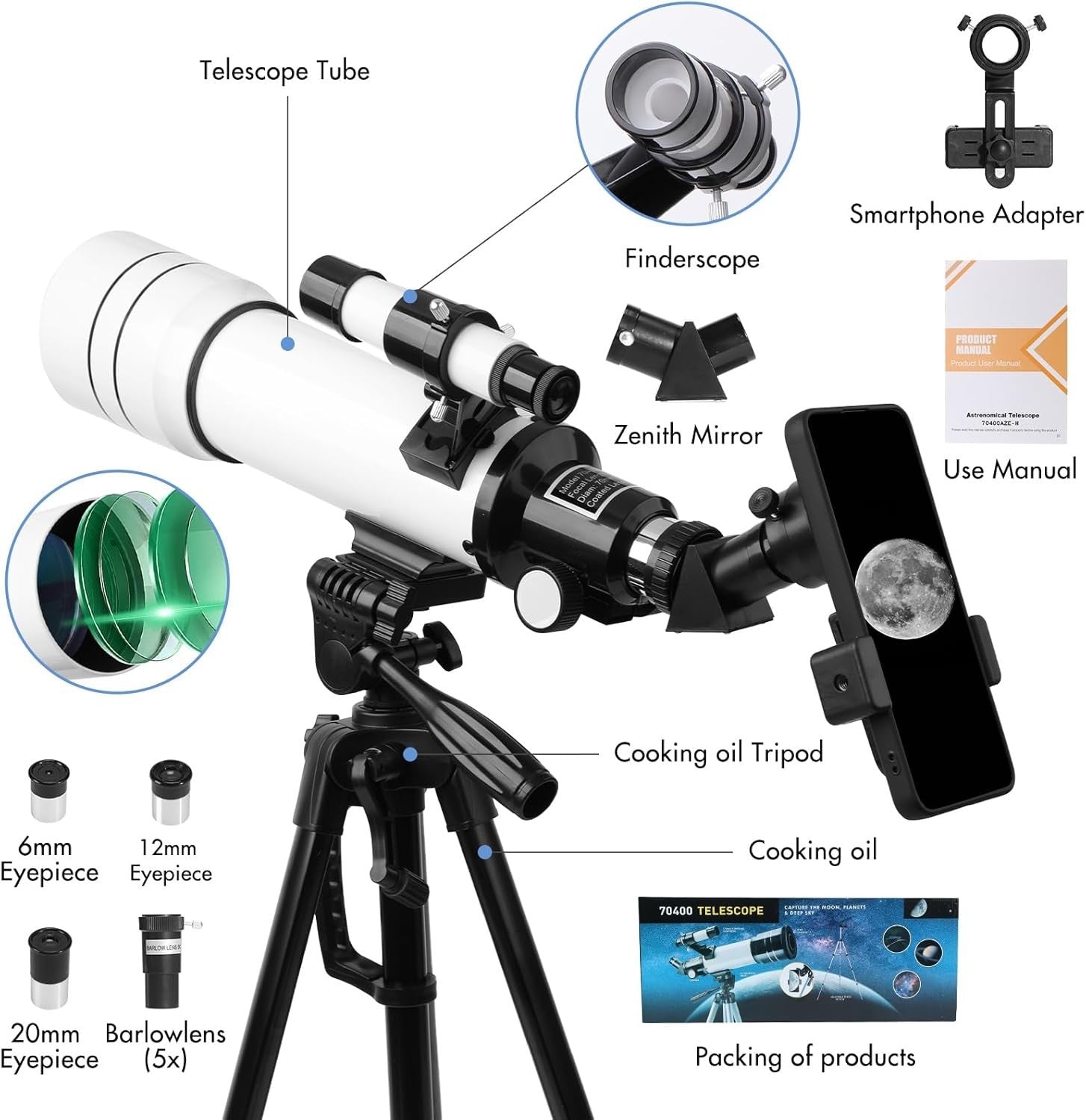 70mm Refractor Telescope 20–200X FMC Lens with Tripod & Phone Adapter