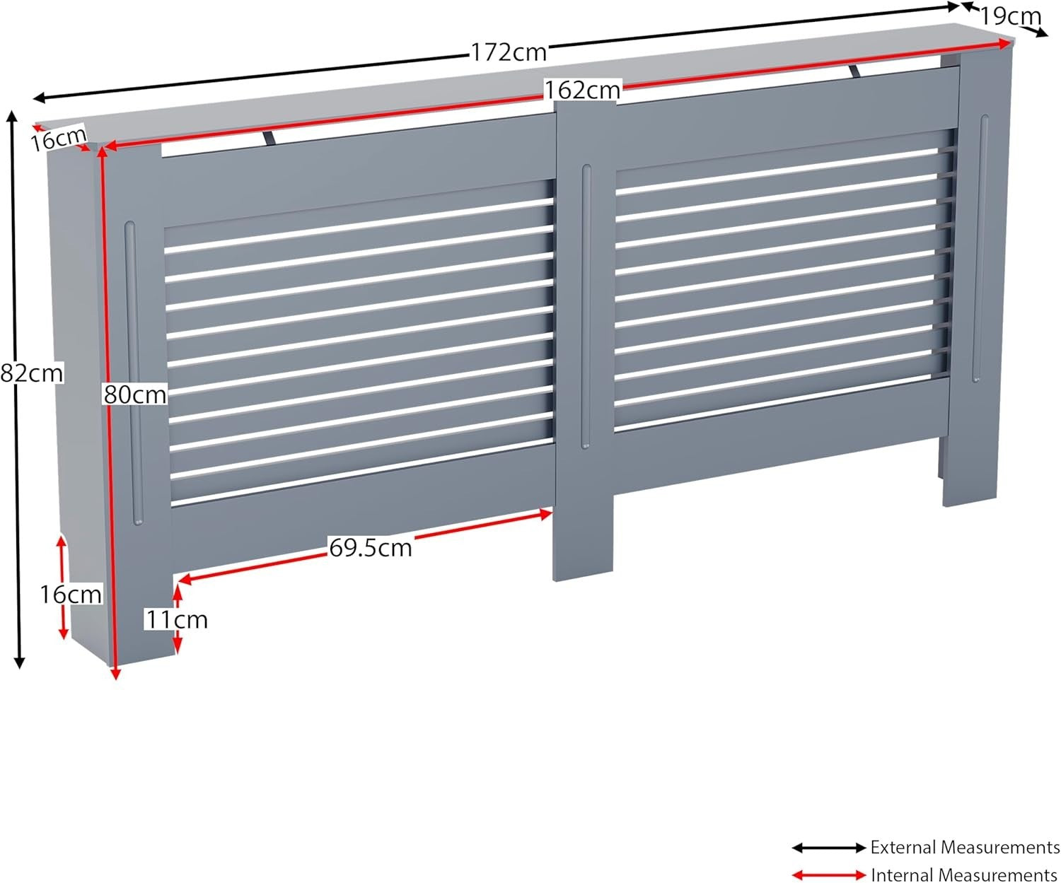 Extra Large Grey Radiator Cover 162x80x16cm Modern MDF Slatted Heating Cabinet