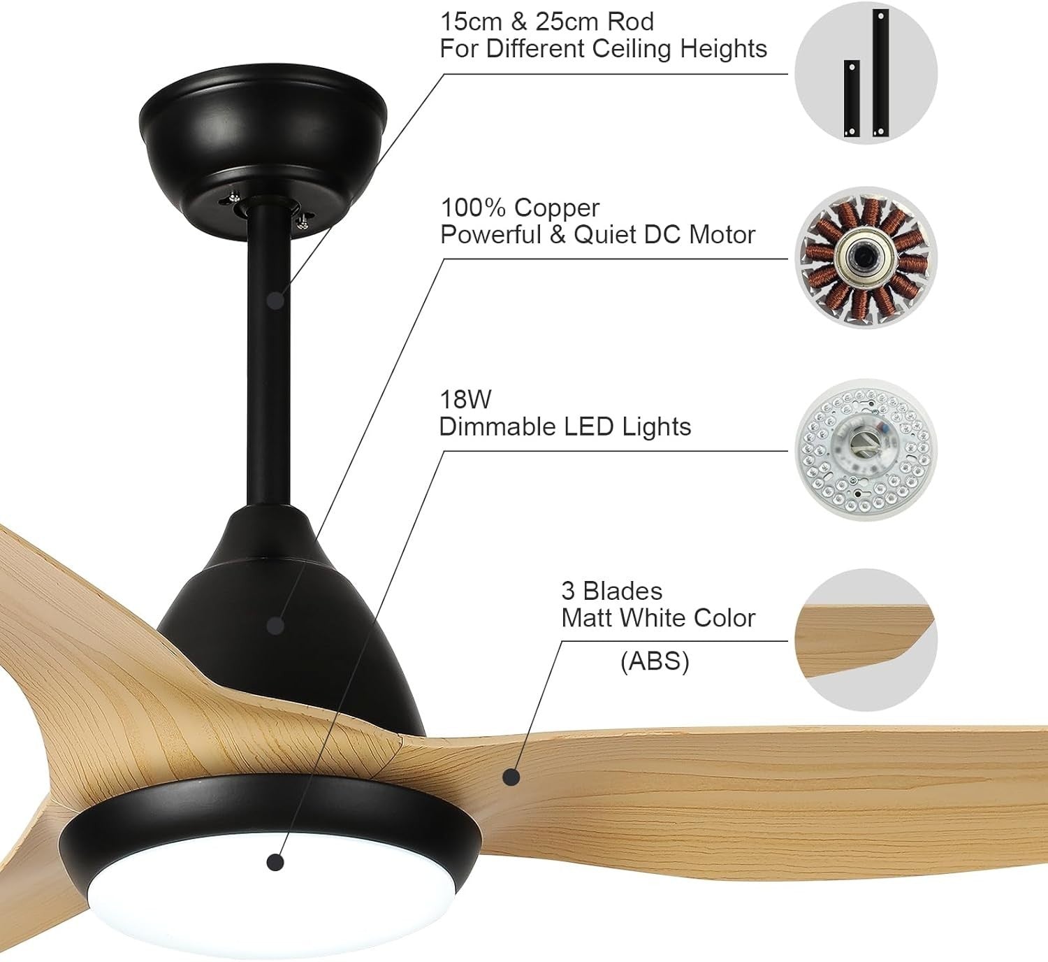 52" Ceiling Fan Light, 3 Blades, Dimmable LED, Remote, Quiet Wood Fan