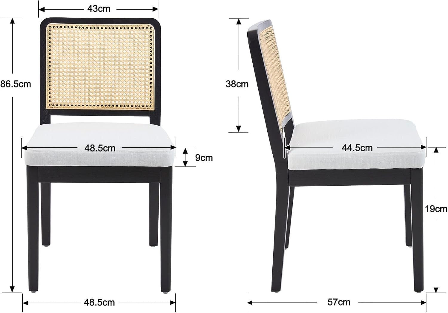 Black Rattan Dining Chairs Set of 4 Upholstered Mid Century Solid Wood Seats
