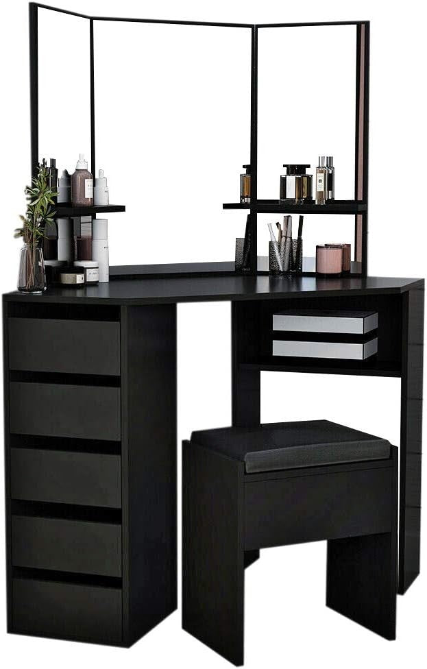 Corner Dressing Table Desk with 3-Sided Mirror, 5 Drawers Storage, Black Wood Va