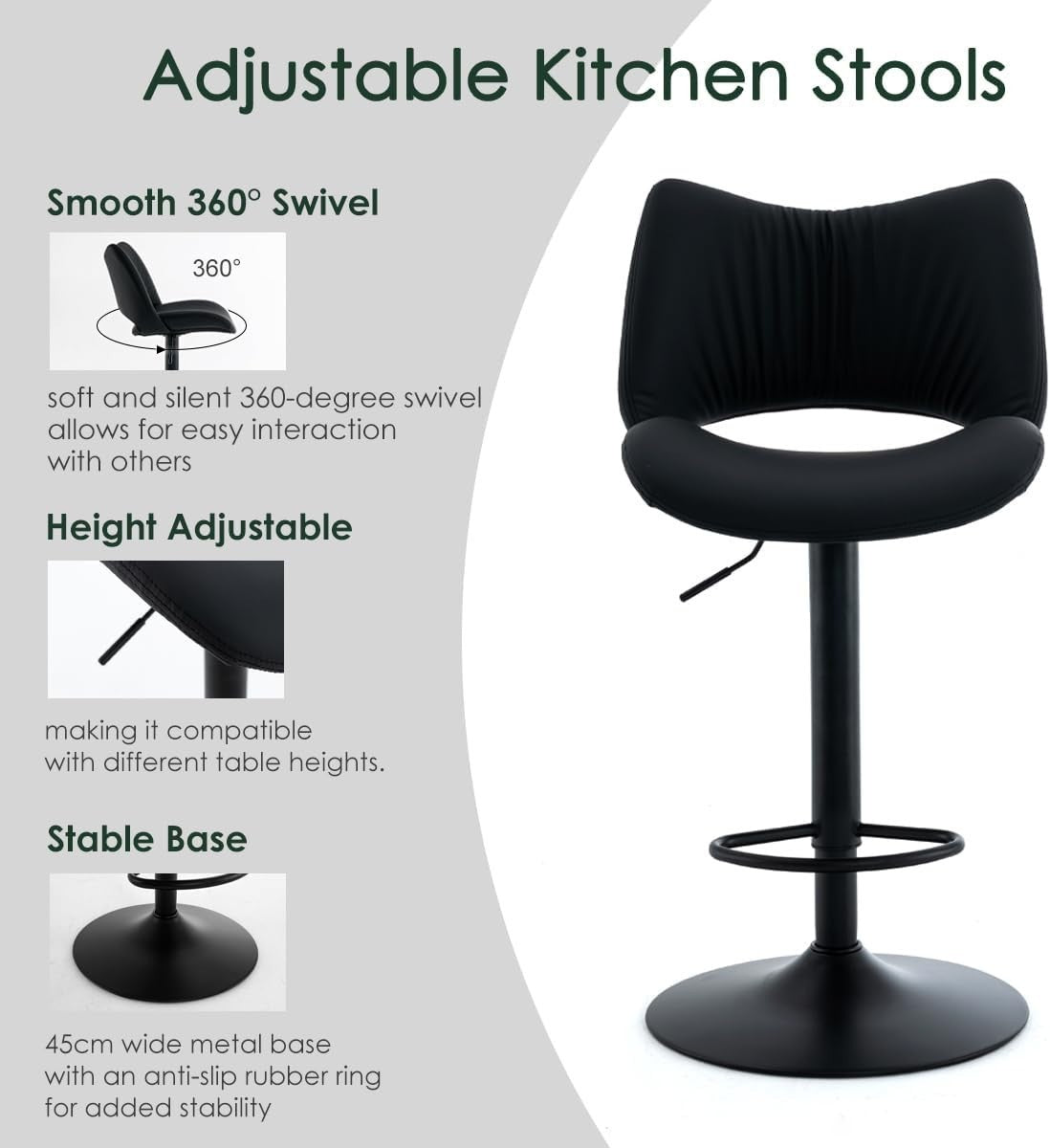 Adjustable Bar Stools 2pcs black PU Leather Swivel Kitchen Counter Chairs