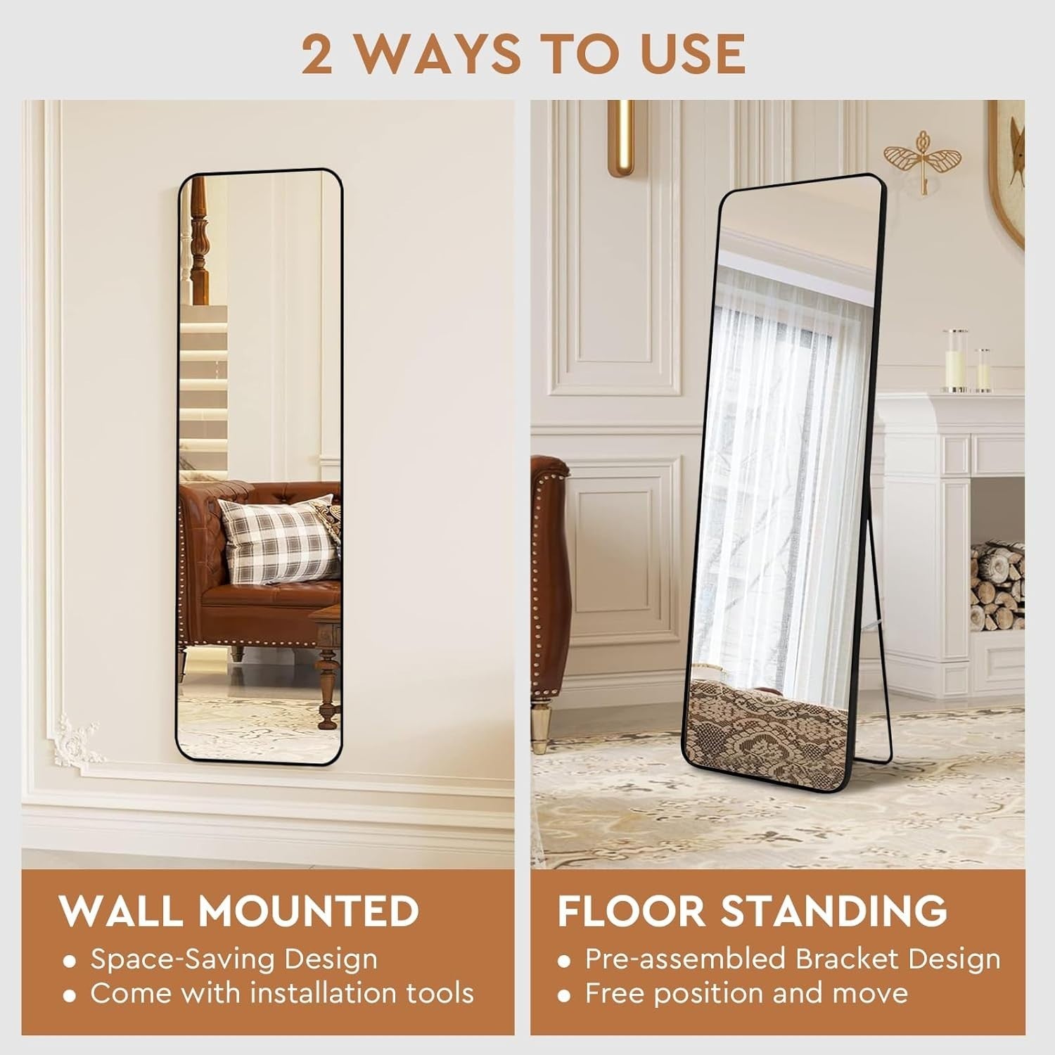 Full Length Floor Mirror 160x40cm with Stand, Sleek Black Frame