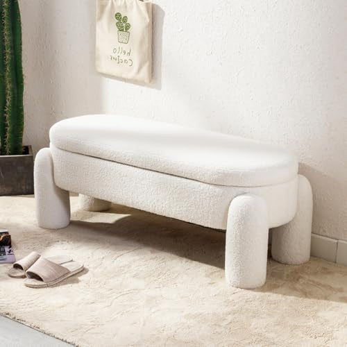 chairus Upholstered Storage Ottoman Faux Fur Window Bench, White