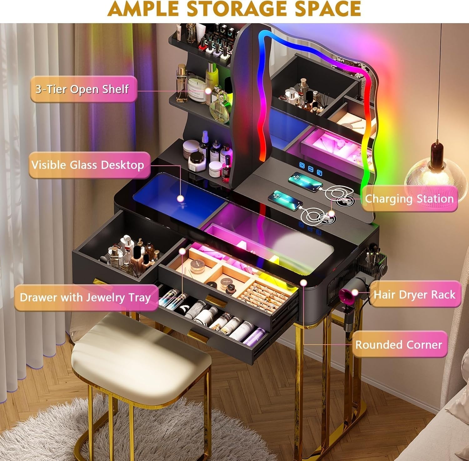 Vanity Dressing Table RGB LED Sensor Light Glass Top 5 Drawers Wireless Charging