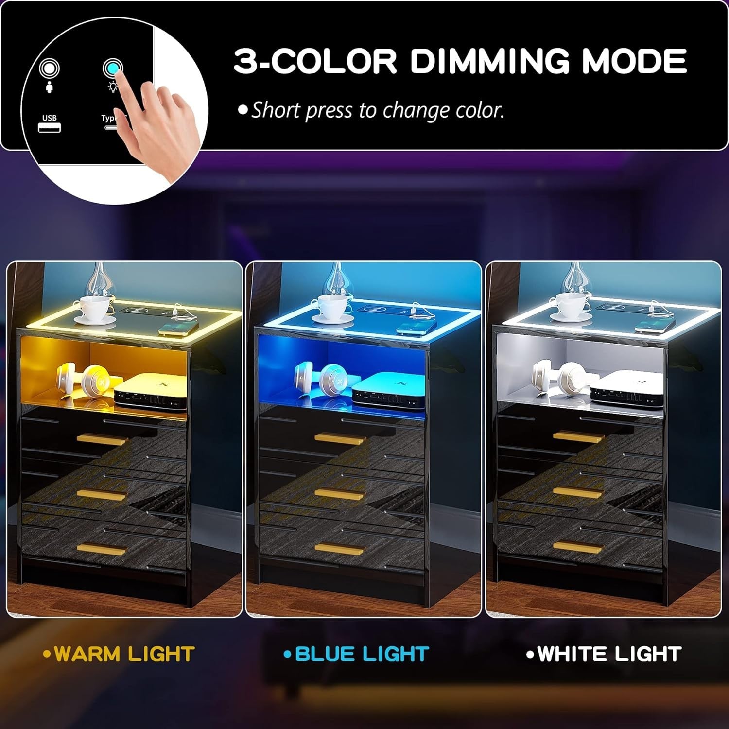 Set of 2 LED Black Bedside Tables with Wireless Charging 3 Drawers
