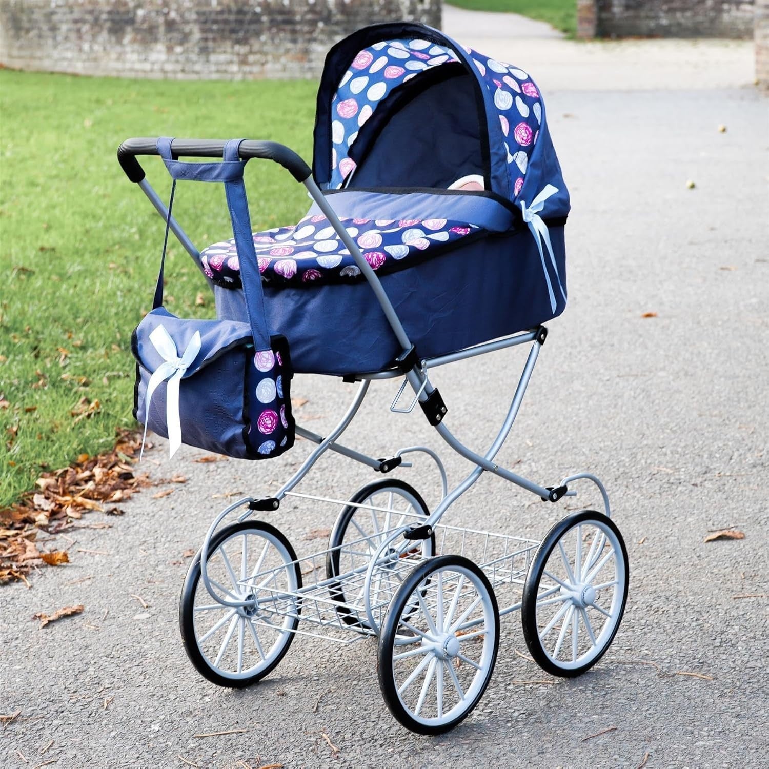 Blue Doll Pram Pushchair with Cot Adjustable Hood Basket Bag