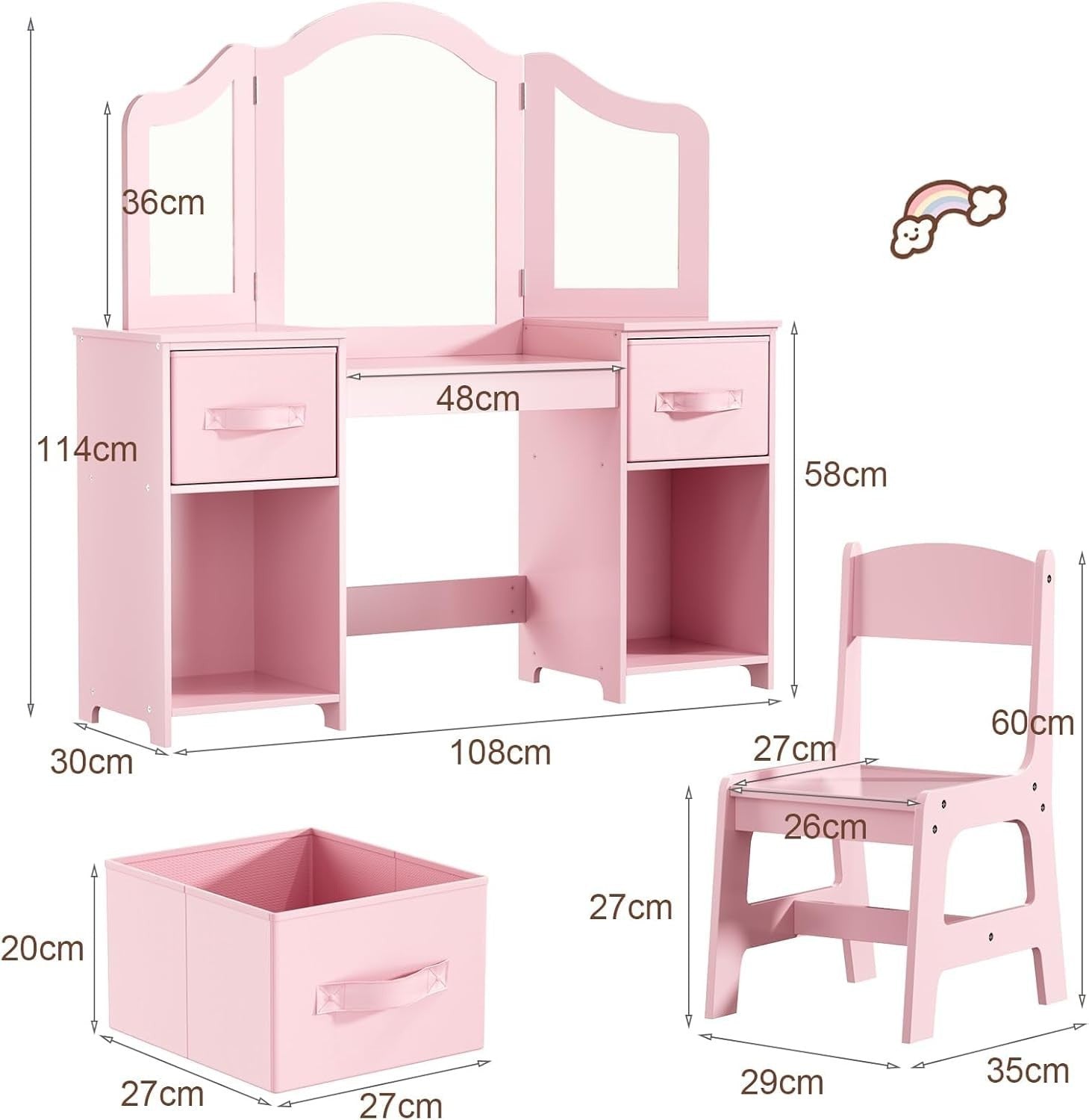 Kids Vanity Table & Chair Set w/ Mirror & Storage – Pink Makeup Desk for Girls