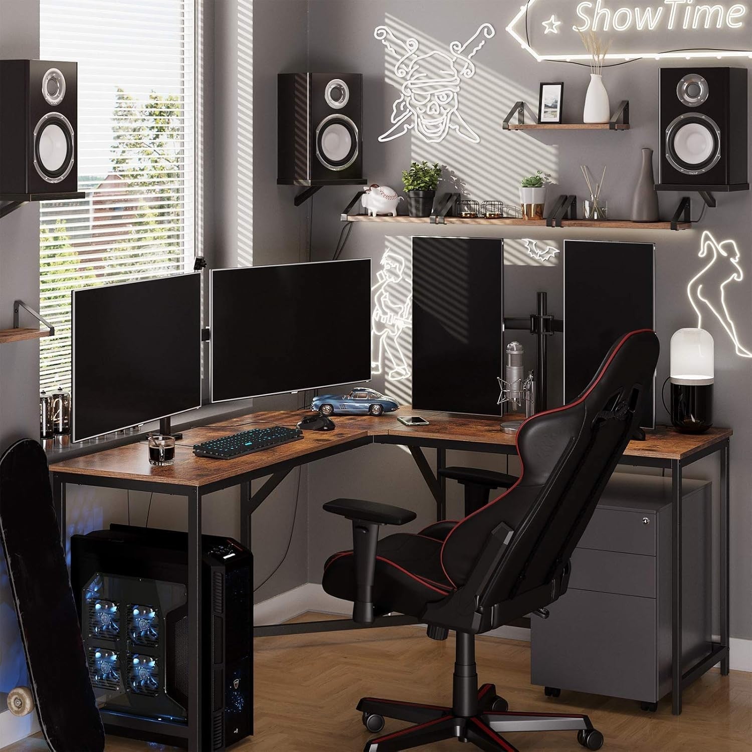 L-Shaped Corner Gaming Desk 149cm Home Office Computer Table Rustic Brown