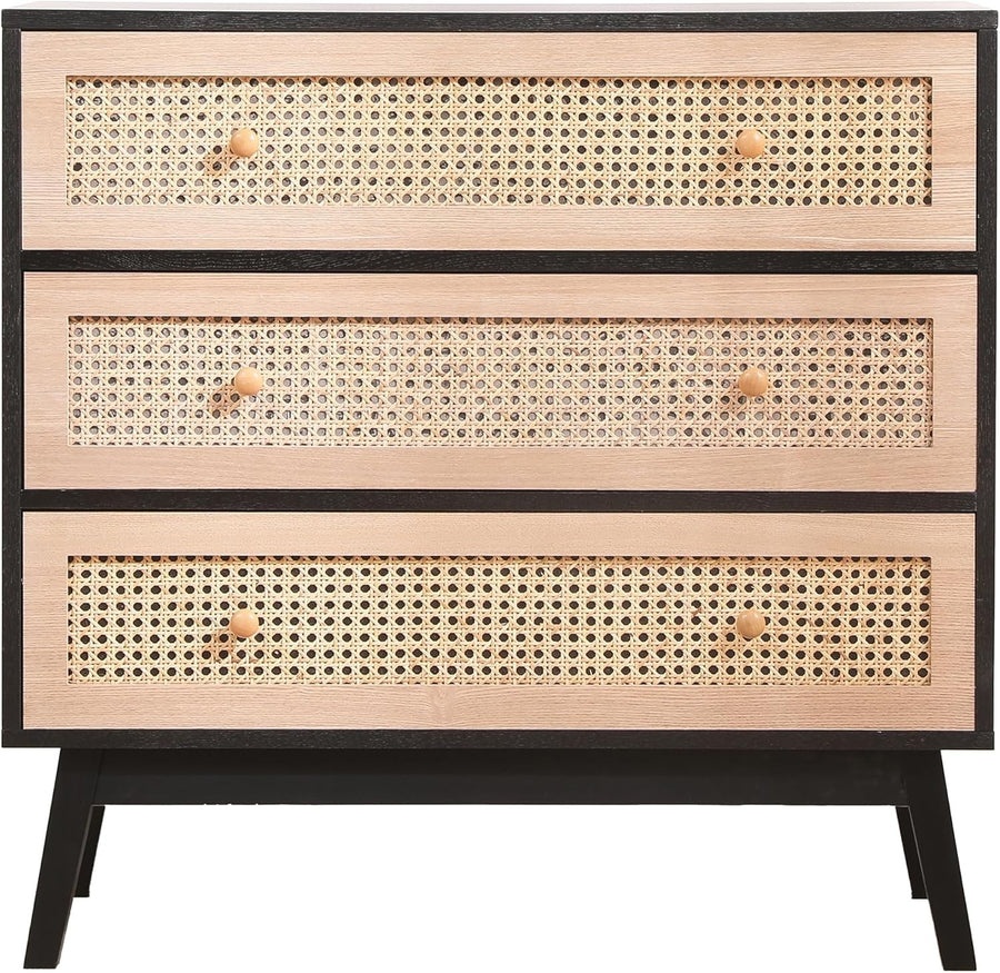 Black Frame Rattan Chest 3 Drawer Storage Cabinet Wood Dresser 80cm