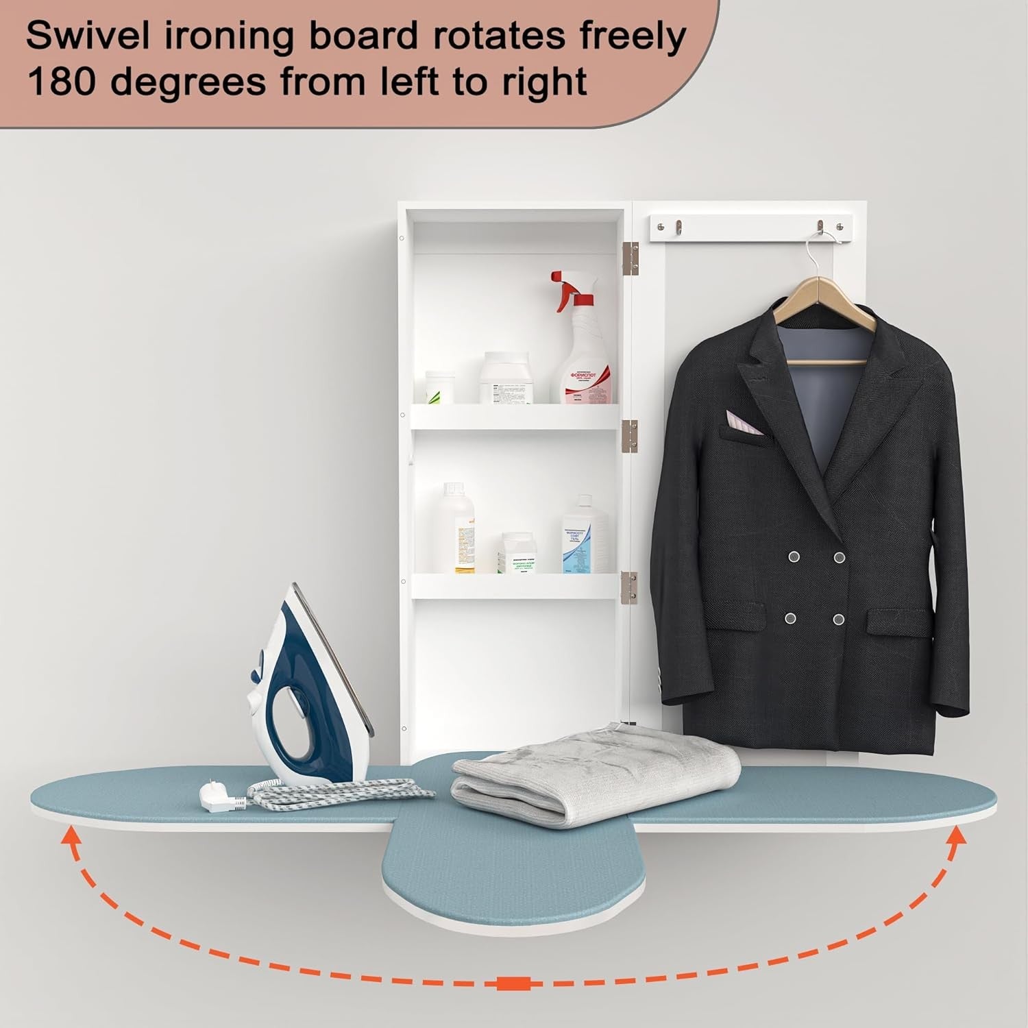 Wall Mounted Ironing Board Cabinet with Mirror Foldable Rotating Storage