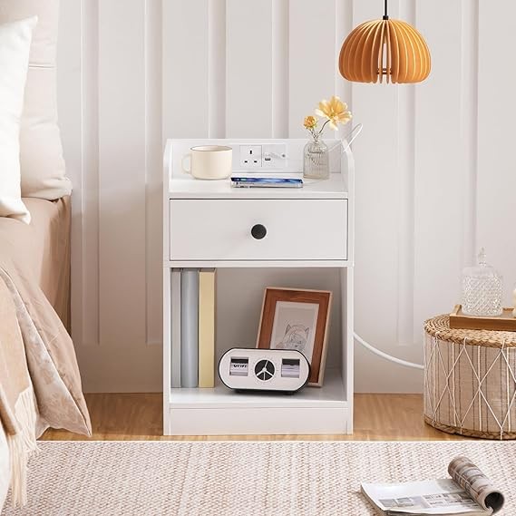 White Charging Bedside Table with USB Ports, Drawer & Shelf Modern Nightstand