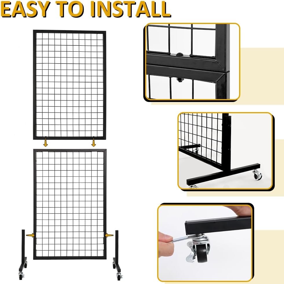 3 Pack Grid Wall Display Stand with Wheels – Black Metal Freestanding Grid Panel