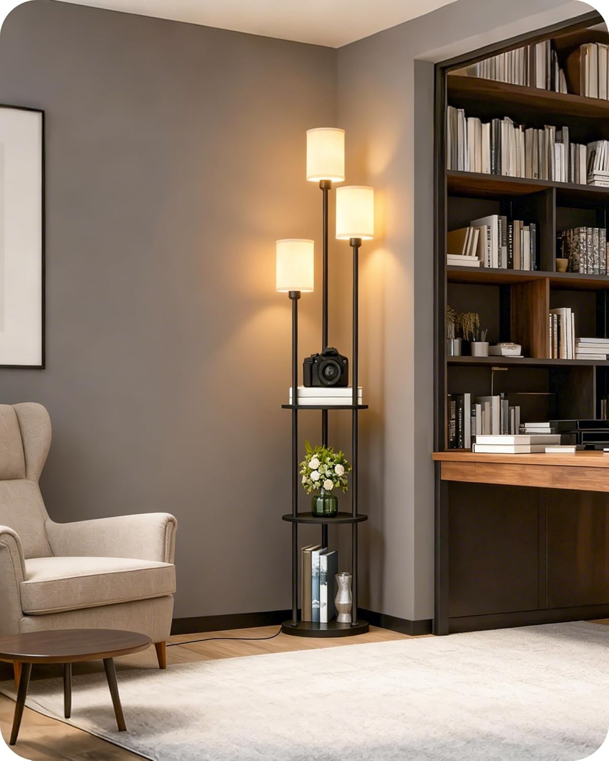 Industrial Floor Lamp with Shelves 3 Light Linen Shades Foot Switch