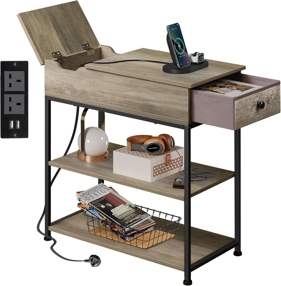 Narrow Side Table with USB & AC Charging – Grey Oak, 30x60x61cm