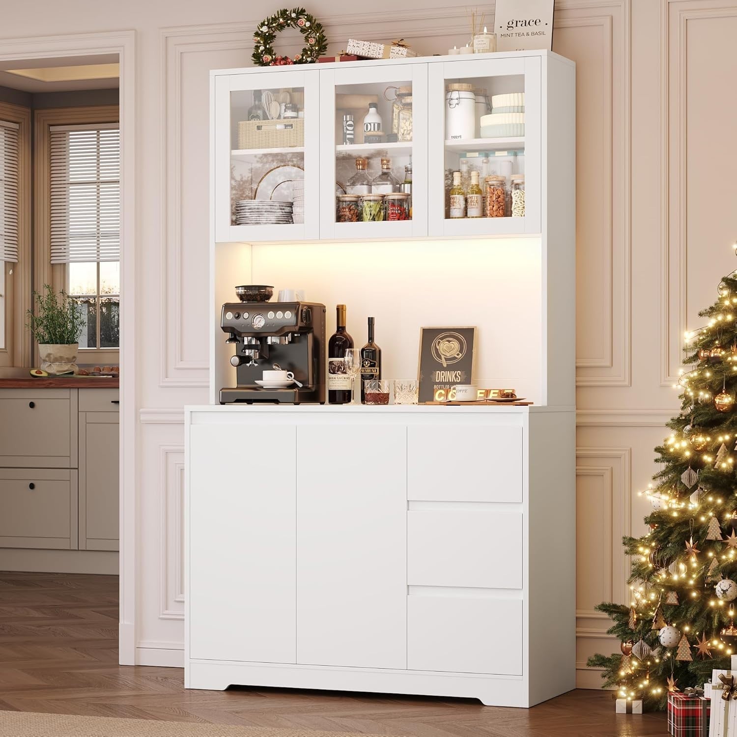 White Tall Kitchen Cupboard with LED, Sockets, Drawers & Shelves