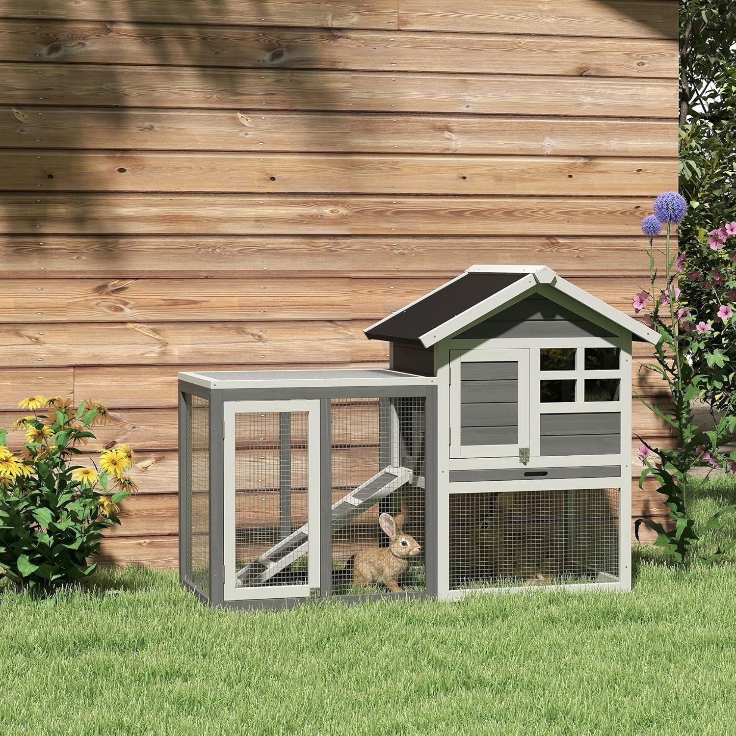 Outdoor Wooden Rabbit Hutch 2 Tier Run 124x63x93cm