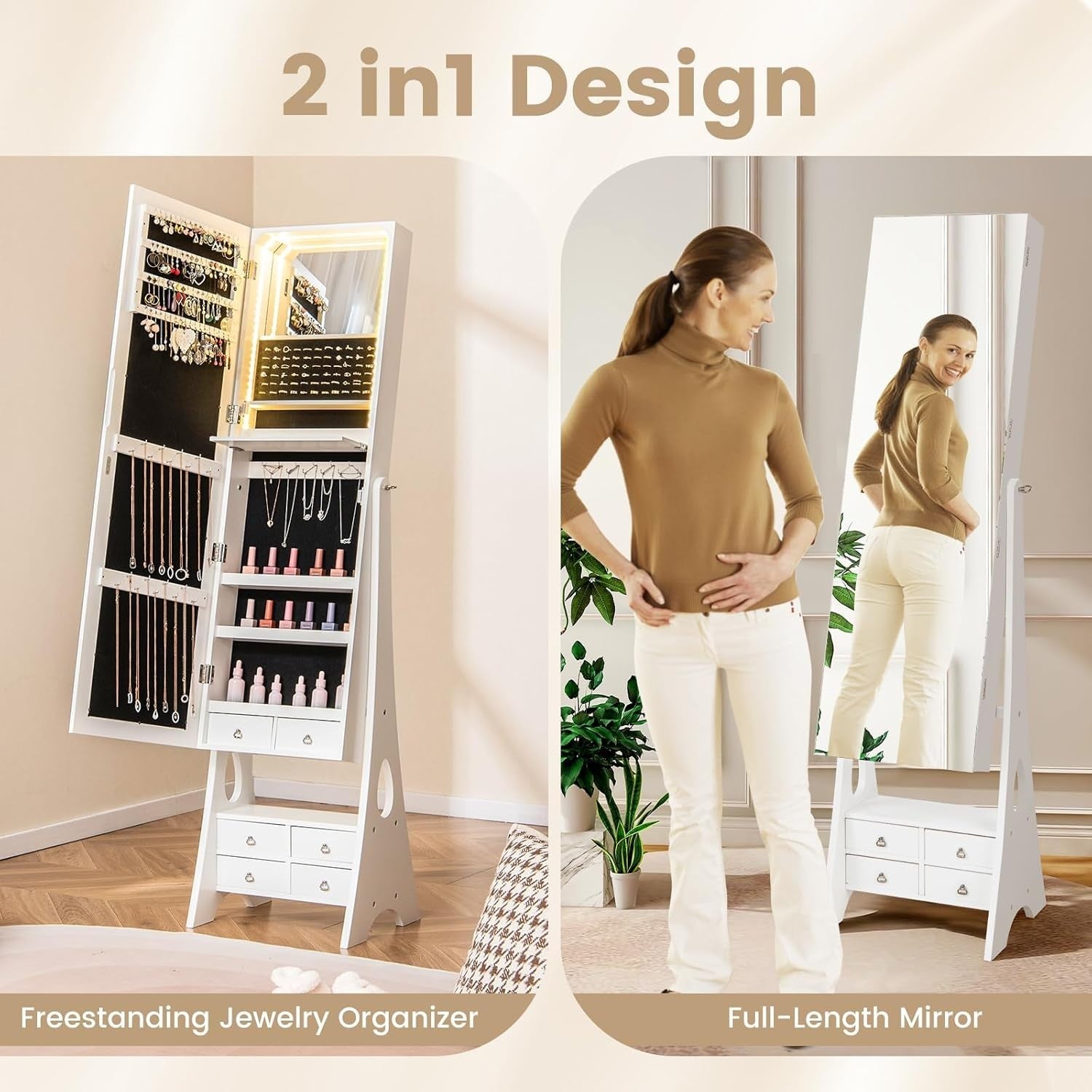 LED Jewelry Cabinet Full Length Mirror Freestanding Organizer with Drawers