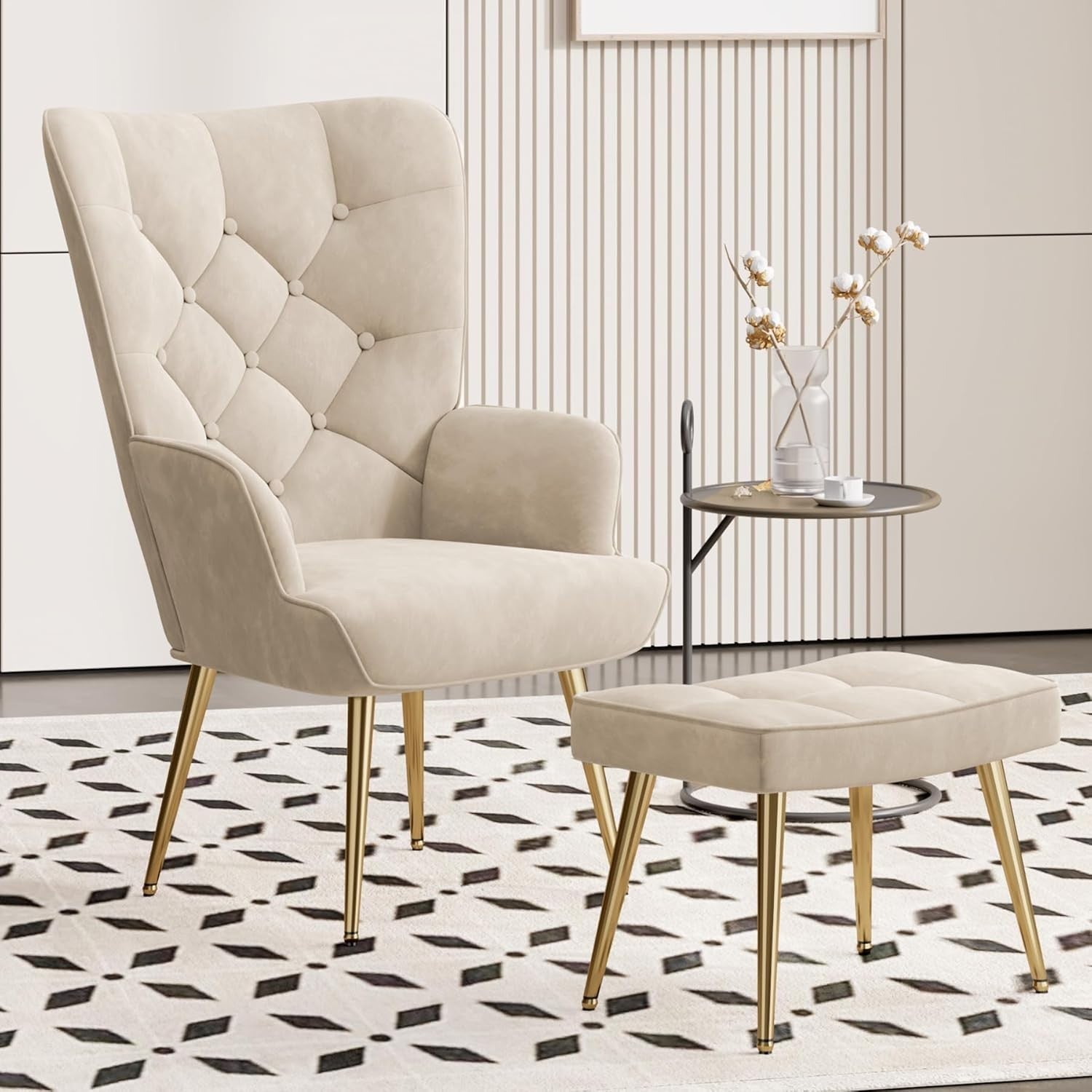 Beige Velvet Wing Back Armchair with Footstool Gold Legs Relaxation Seat
