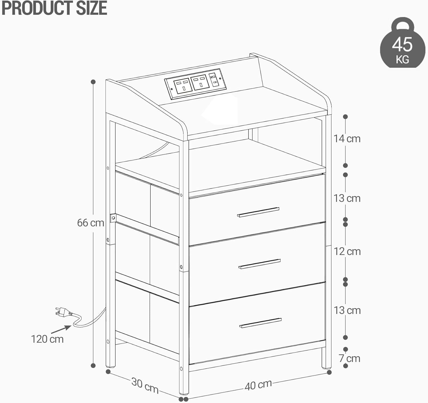 White LED Bedside Table with USB Ports & 3 Drawers