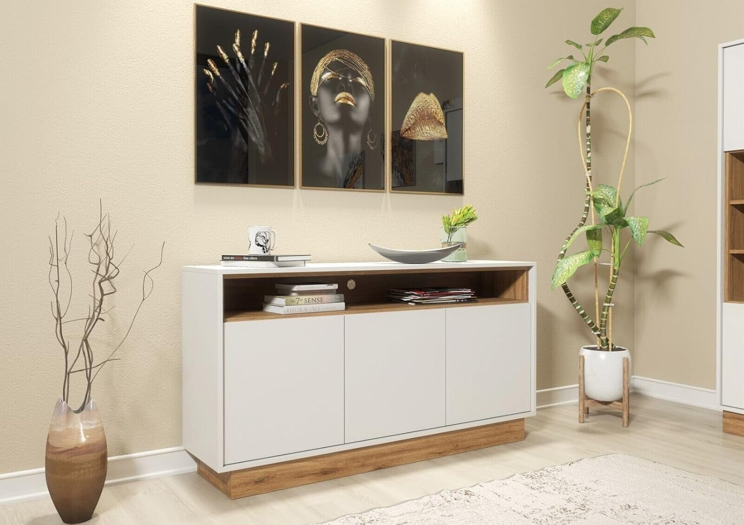 130cm White Oak Sideboard Cabinet 3 Door Storage Unit Modern Display