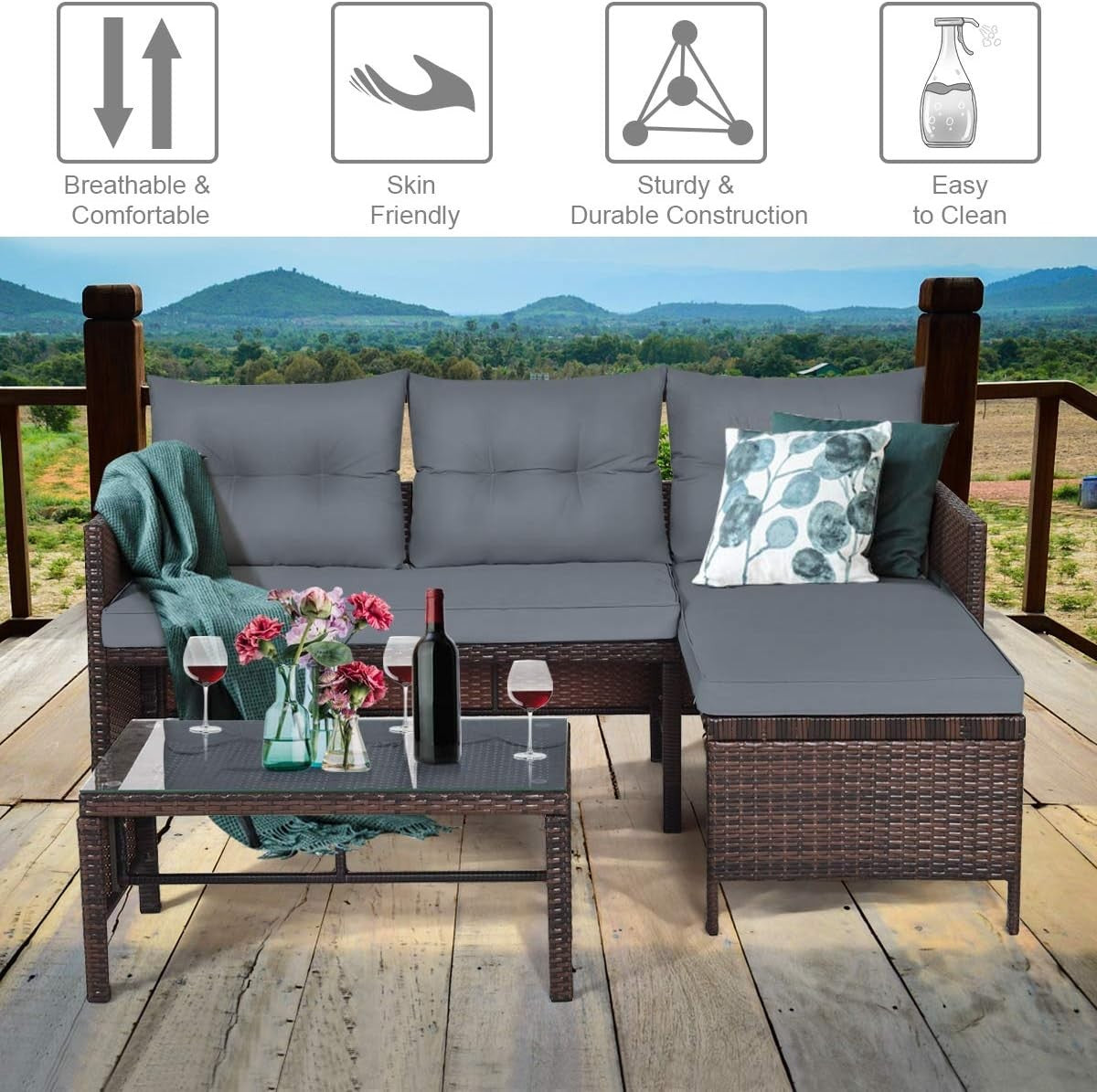 3PC Grey Rattan Garden Corner Sofa Set L-Shape Patio Lounge Glass Table