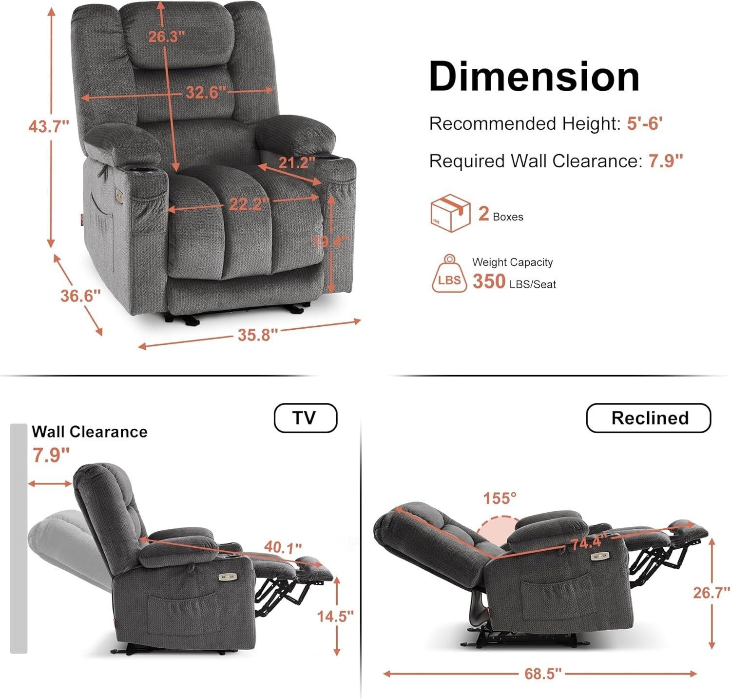 Zero Gravity Recliner Chair Massage Heat Extended Footrest USB Cup Holder Grey