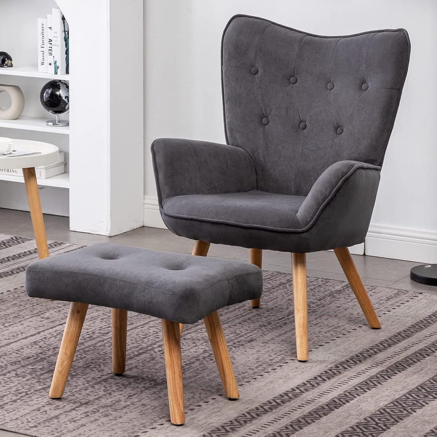 Dark Grey Velvet Armchair with Footstool, Comfy Reading Lounge Chair Set