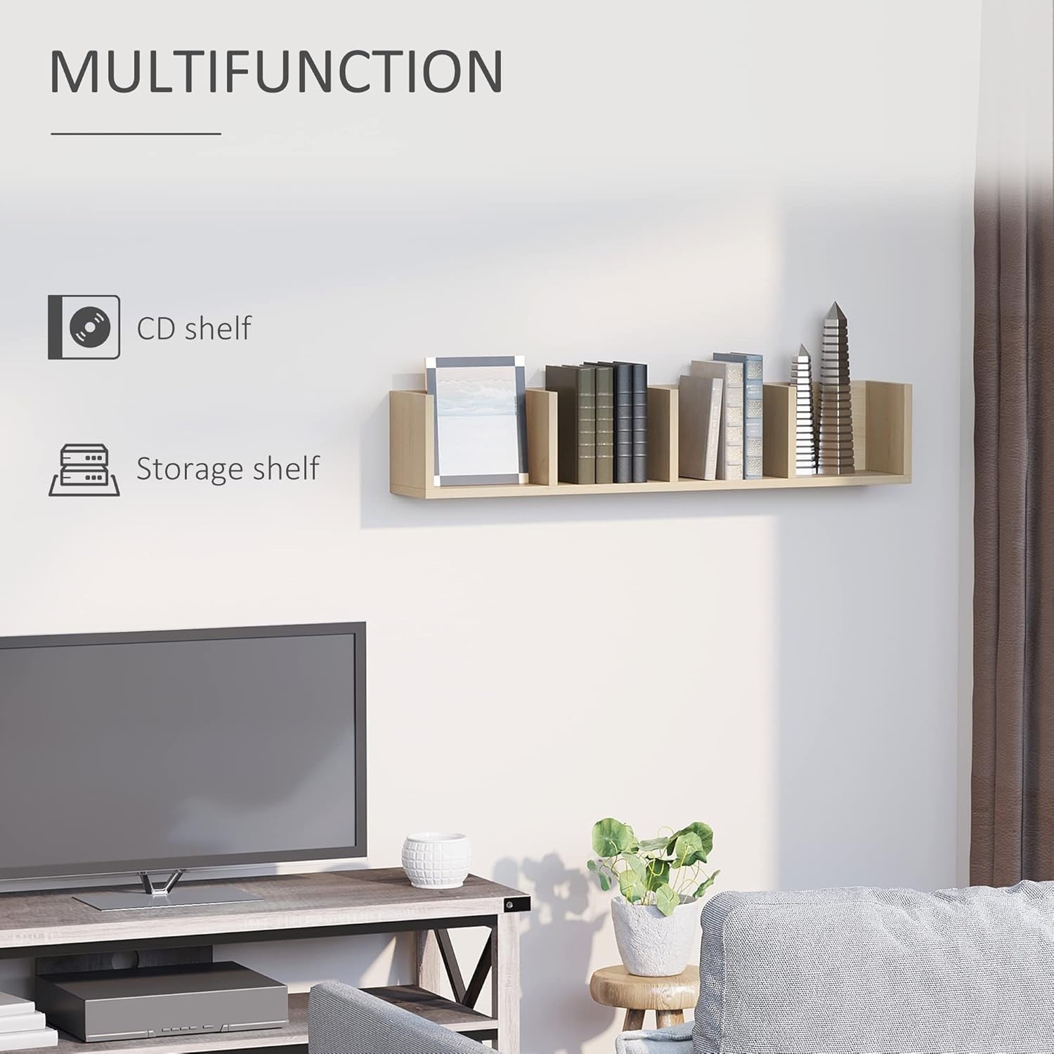 Wall Mount CD DVD Blu Ray Storage Shelf 4 Cube Media Rack Wood 95cm