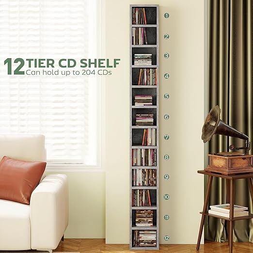 Tall CD Storage Tower 12-Cube Bookcase Slim Shelf Unit 175cm Modern Grey
