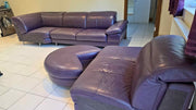 Large Purple Leather Corner Sofa + Footstool (PTP)