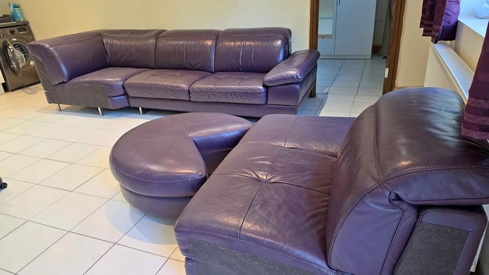 Large Purple Leather Corner Sofa + Footstool (PTP)