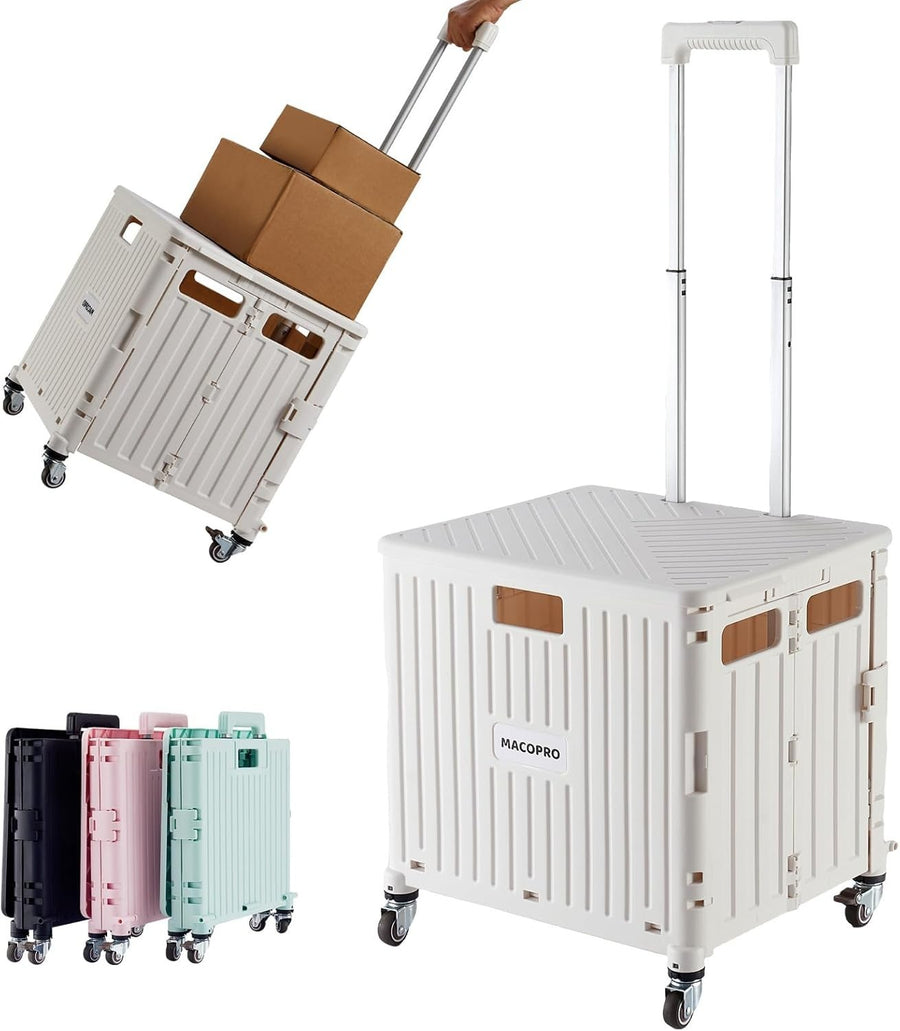 Folding Utility Cart Rolling Crate Trolley Lid Basket 360° Wheels White