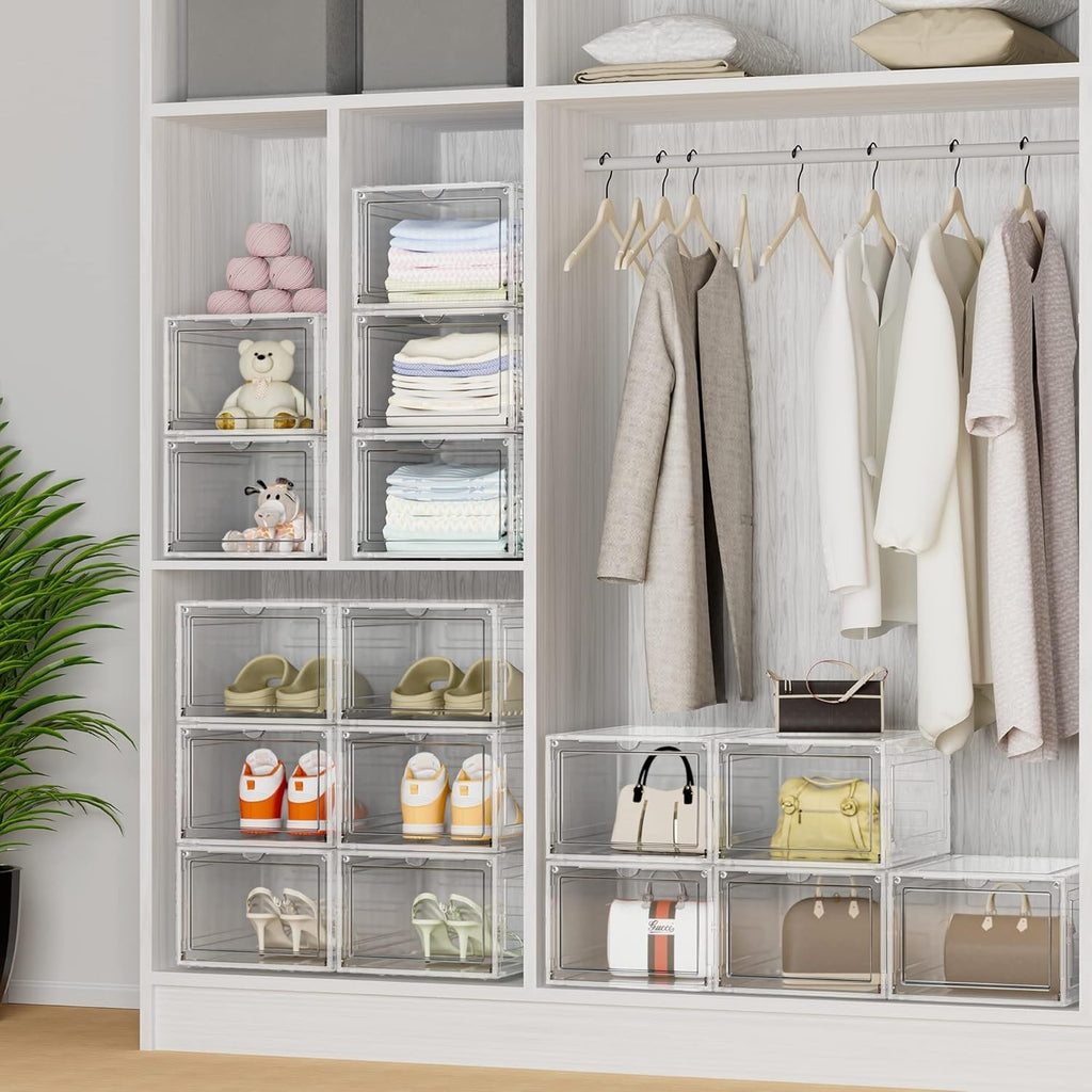 Clear Stackable Shoe Storage Boxes 12 Pack – Fits UK 12.5, Ventilated & Magnetic