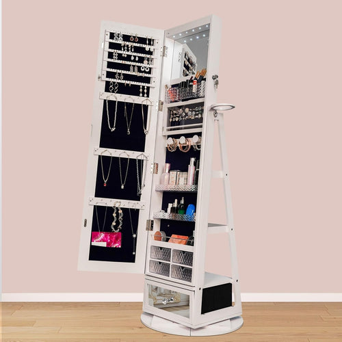 Lockable Full Length Mirror Jewellery Cabinet LED Storage 360° Rotating