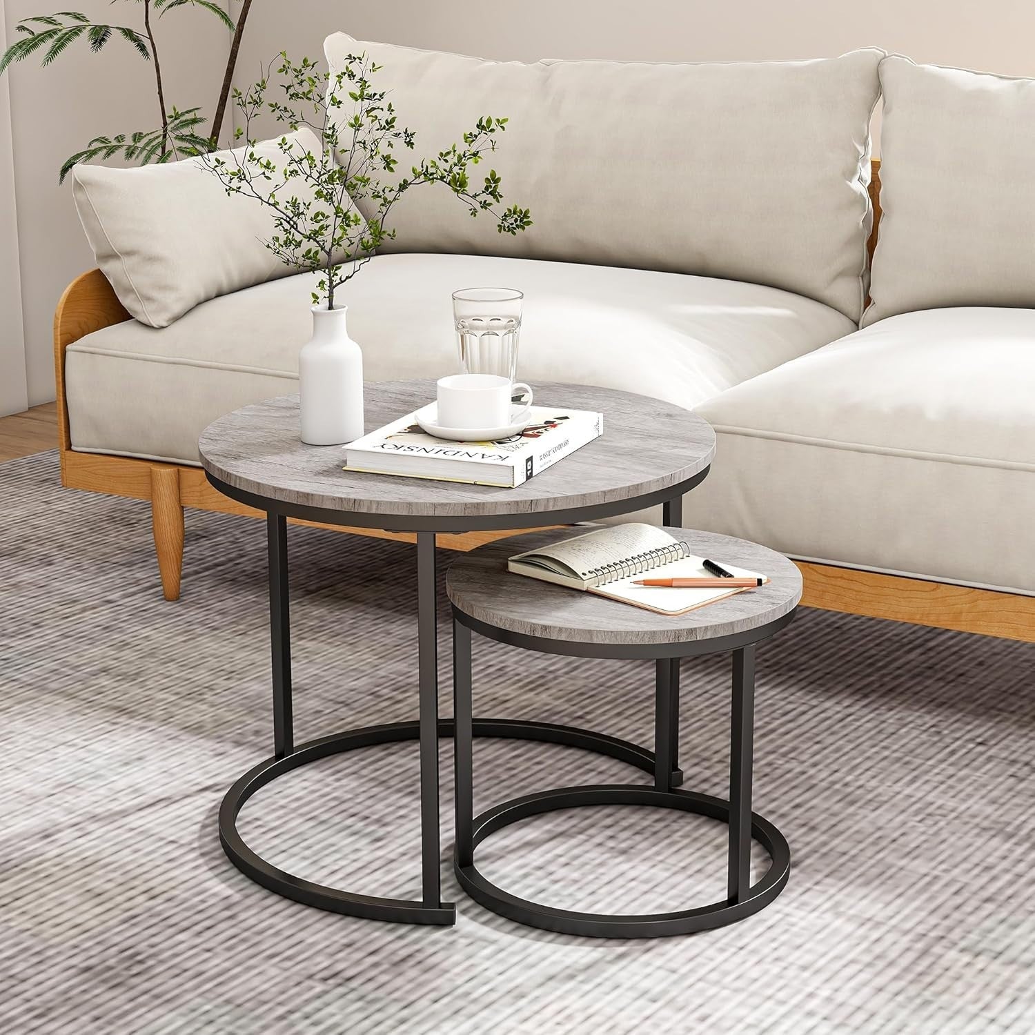 Round Nesting Coffee Table Set of 2 – Modern Space-Saving Side Tables, Metal