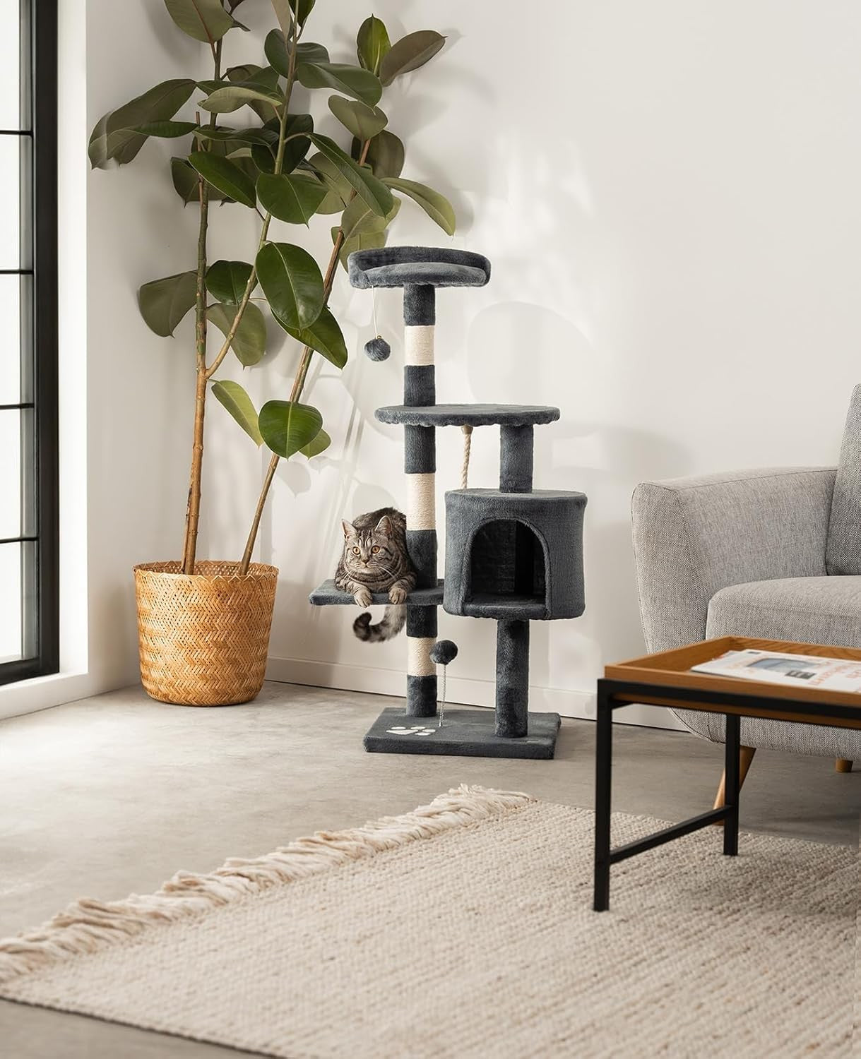 Cat Tree Scratching Post 112cm with Condo Sisal Rope Dark Grey Tower