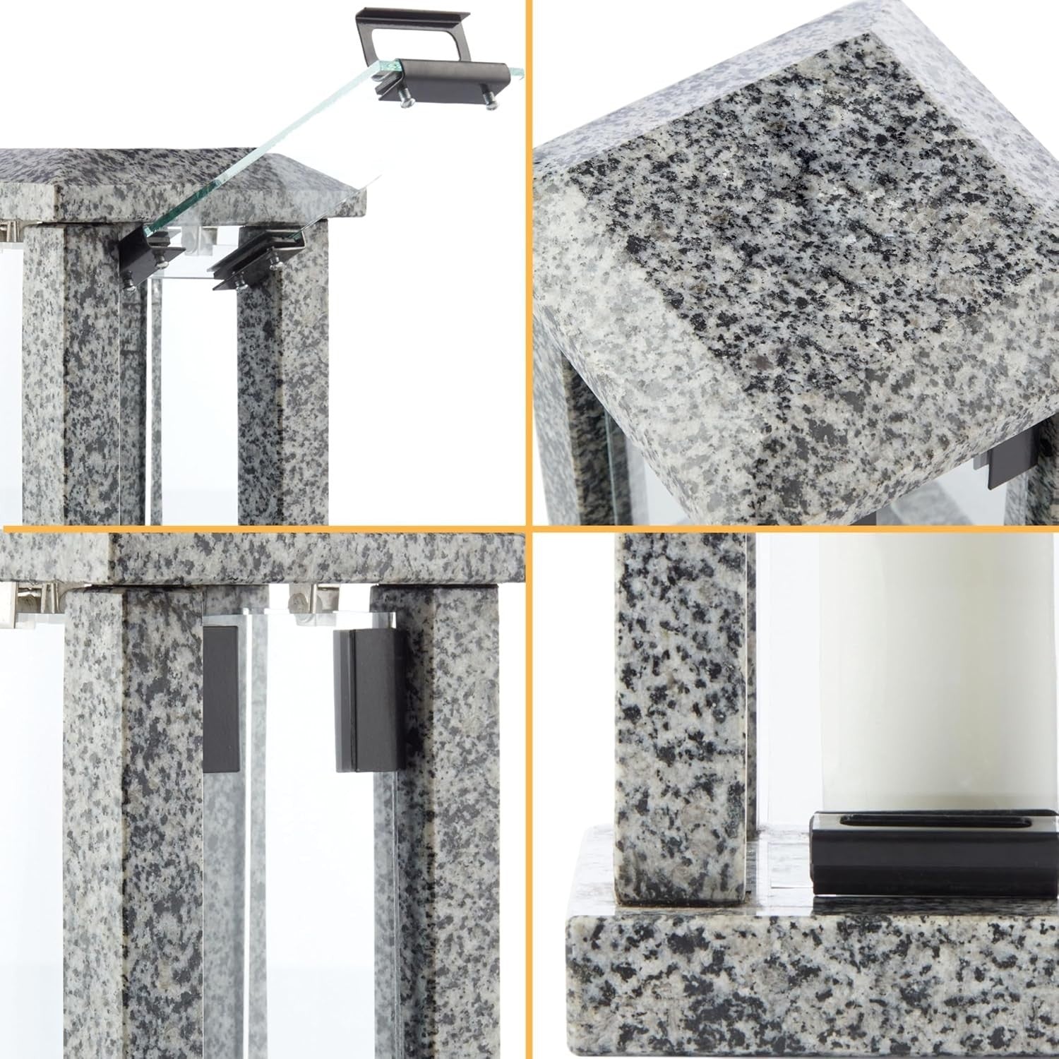 Large Grey Granite Candle Lantern 32cm Square Polished Decor