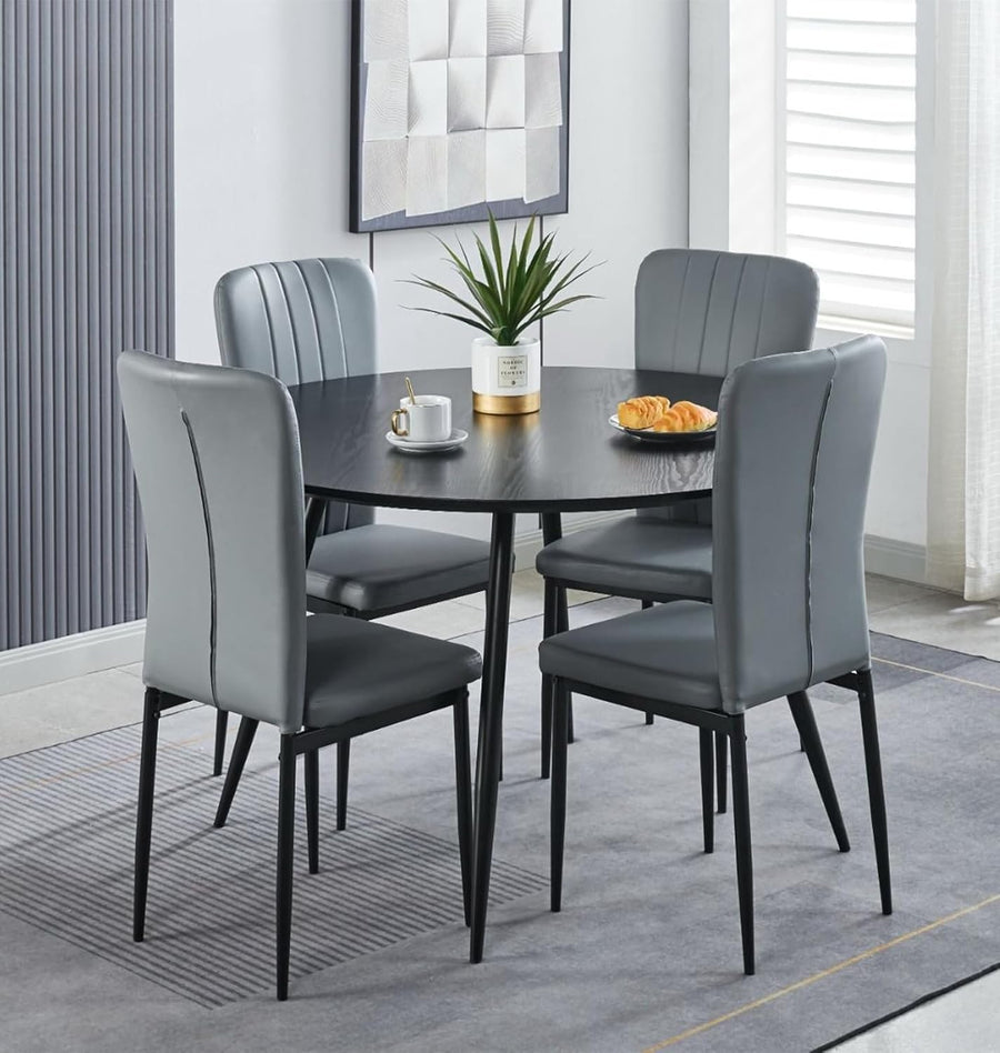 120cm Round Dining Table & 4 Grey Faux Leather Chairs Black Legs Set