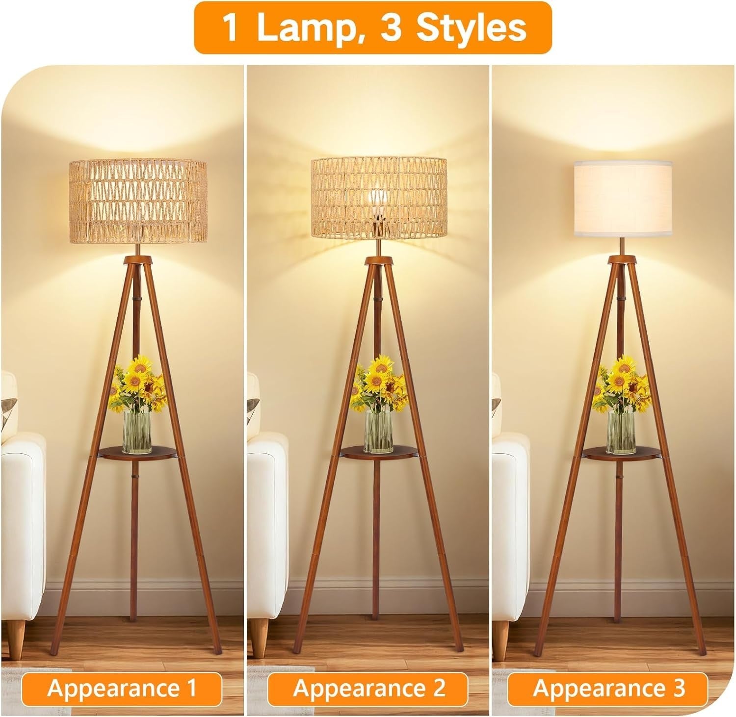 Wooden Tripod Floor Lamp Rattan Linen Double Shades Remote Dimmable 160cm