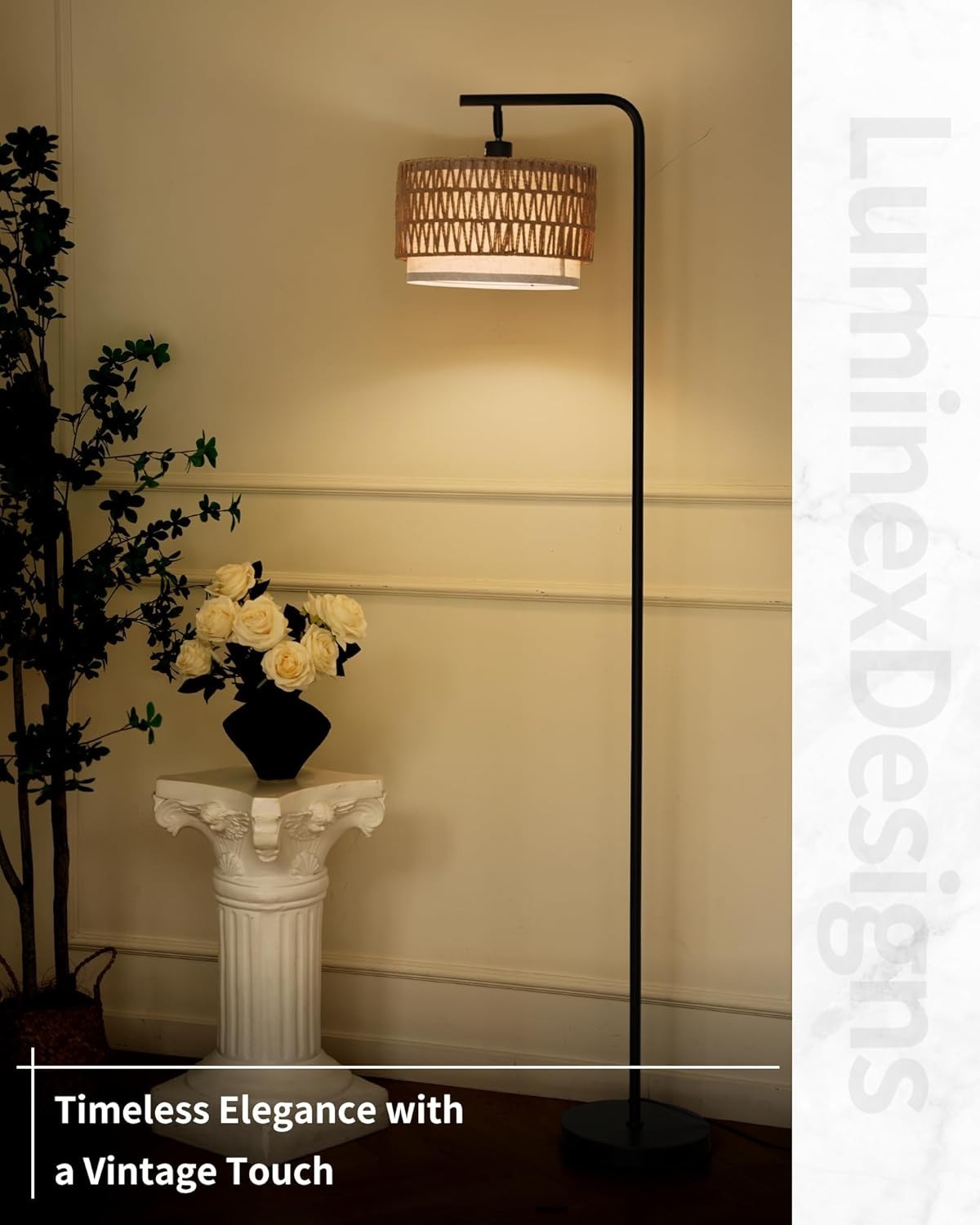 Rattan Floor Lamp with Fabric Shade & Foot Switch, 173cm Tall