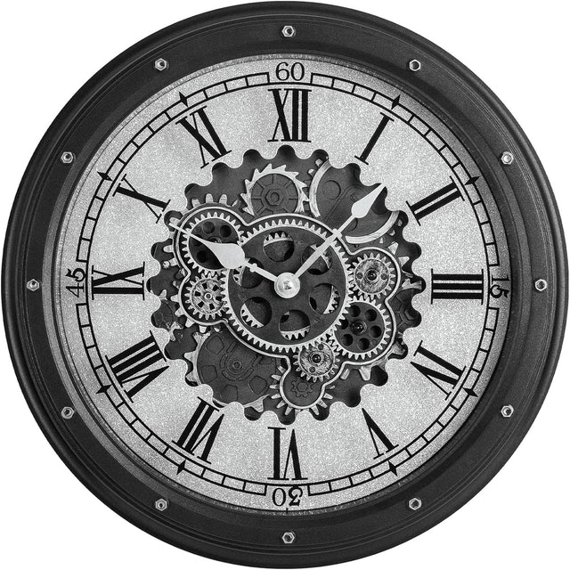 16" Black Moving Gears Wall Clock Vintage Industrial Rotating Steampunk Decor