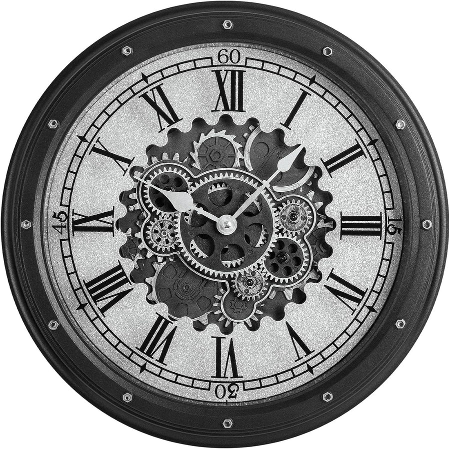 16" Black Moving Gears Wall Clock Vintage Industrial Rotating Steampunk Decor