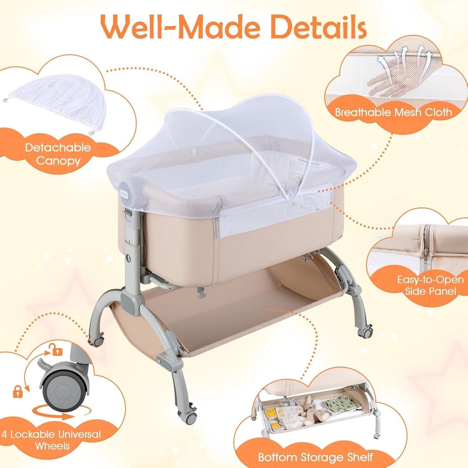 Baby Bedside Crib Adjustable Bassinet with Mattress Newborn Bedside Sleeper