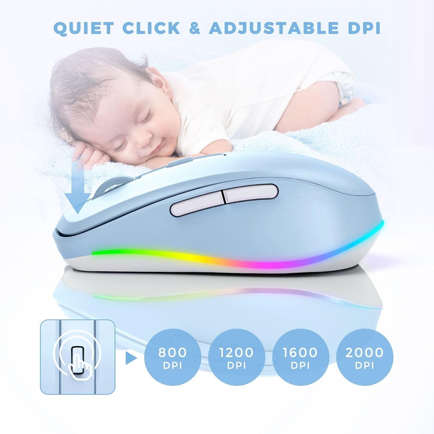 Light Blue RGB Wireless Mouse Rechargeable Silent USB Jiggler