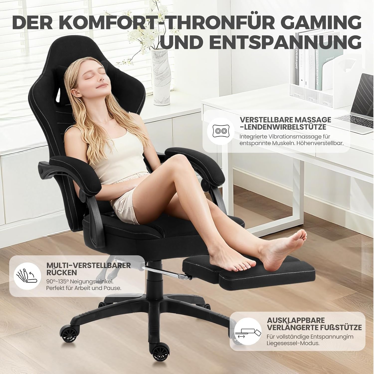 Massage Gaming Chair Fabric Recliner w/ Footrest 150kg Pocket