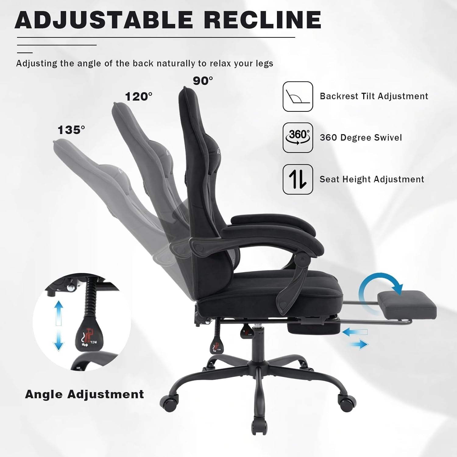 Ergonomic Gaming Chair Black Adjustable Reclining Chair with Footrest