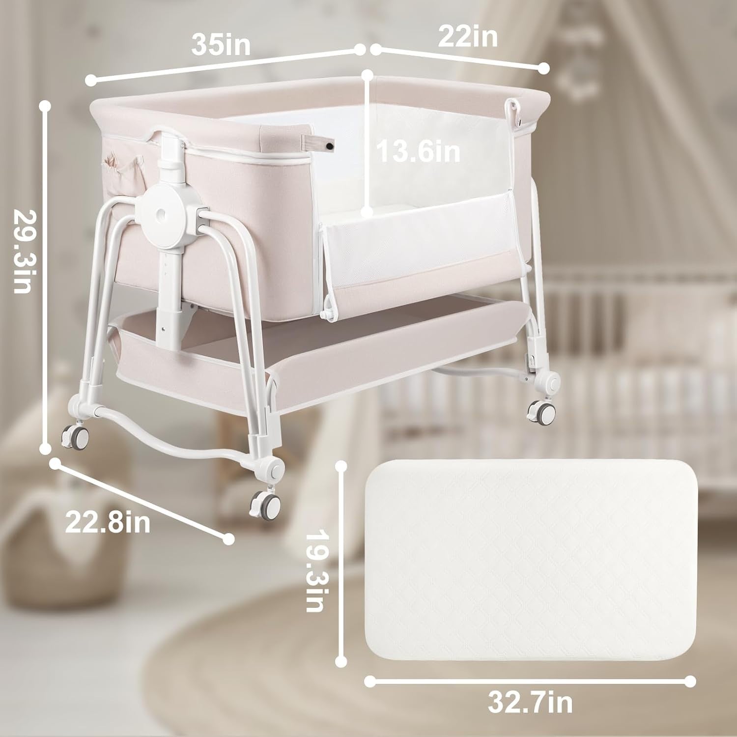 4 in 1 Baby Crib Bedside Cot with Wheels, Mosquito Net & Mattress Cream
